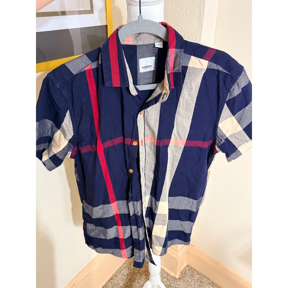 Burberry London England Mens Navy Red Oversized Check Short Sleeve Shirt XL LG